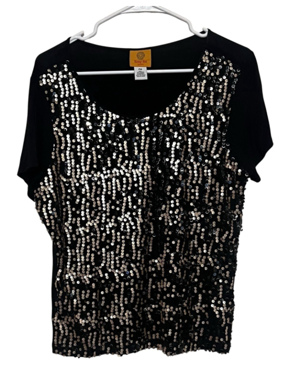 Ruby Rd Sequin Glam Top Women’s Medium Petite MP Black Gold Sparkle Short Sleeve